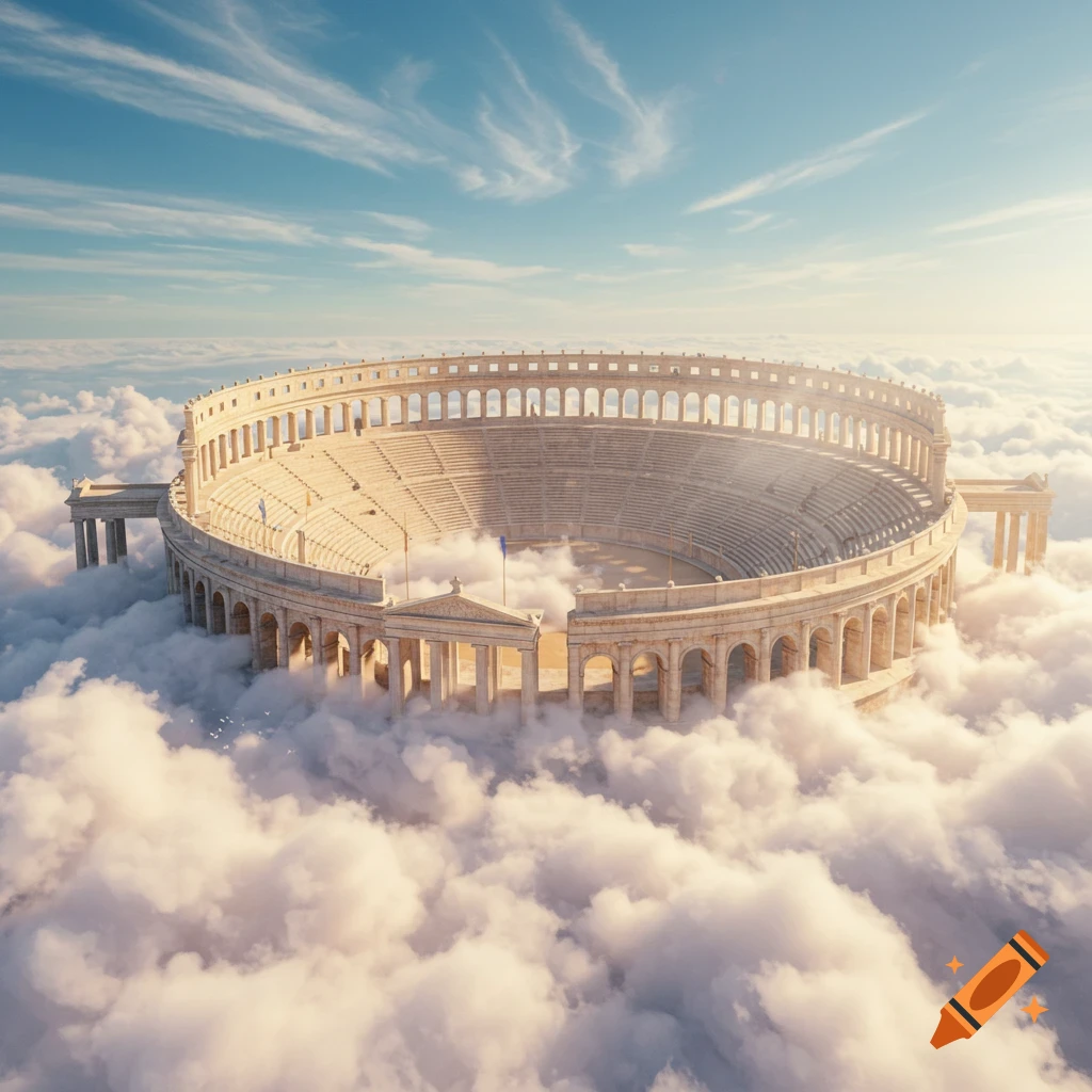 A majestic ancient coliseum floats above fluffy white clouds under a bright blue sky.