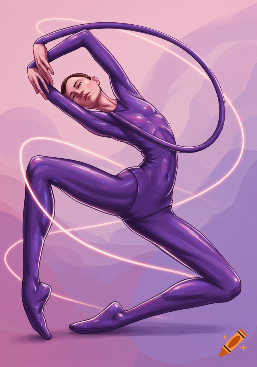 Stylized person in shiny purple leotard stretching, surrounded by glowing lines against a pink and purple background.