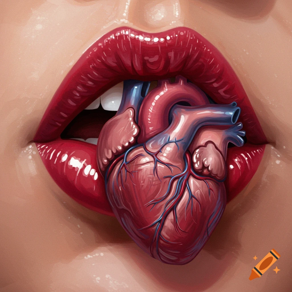 Vibrant red lips hold an anatomical heart in a glossy illustration.