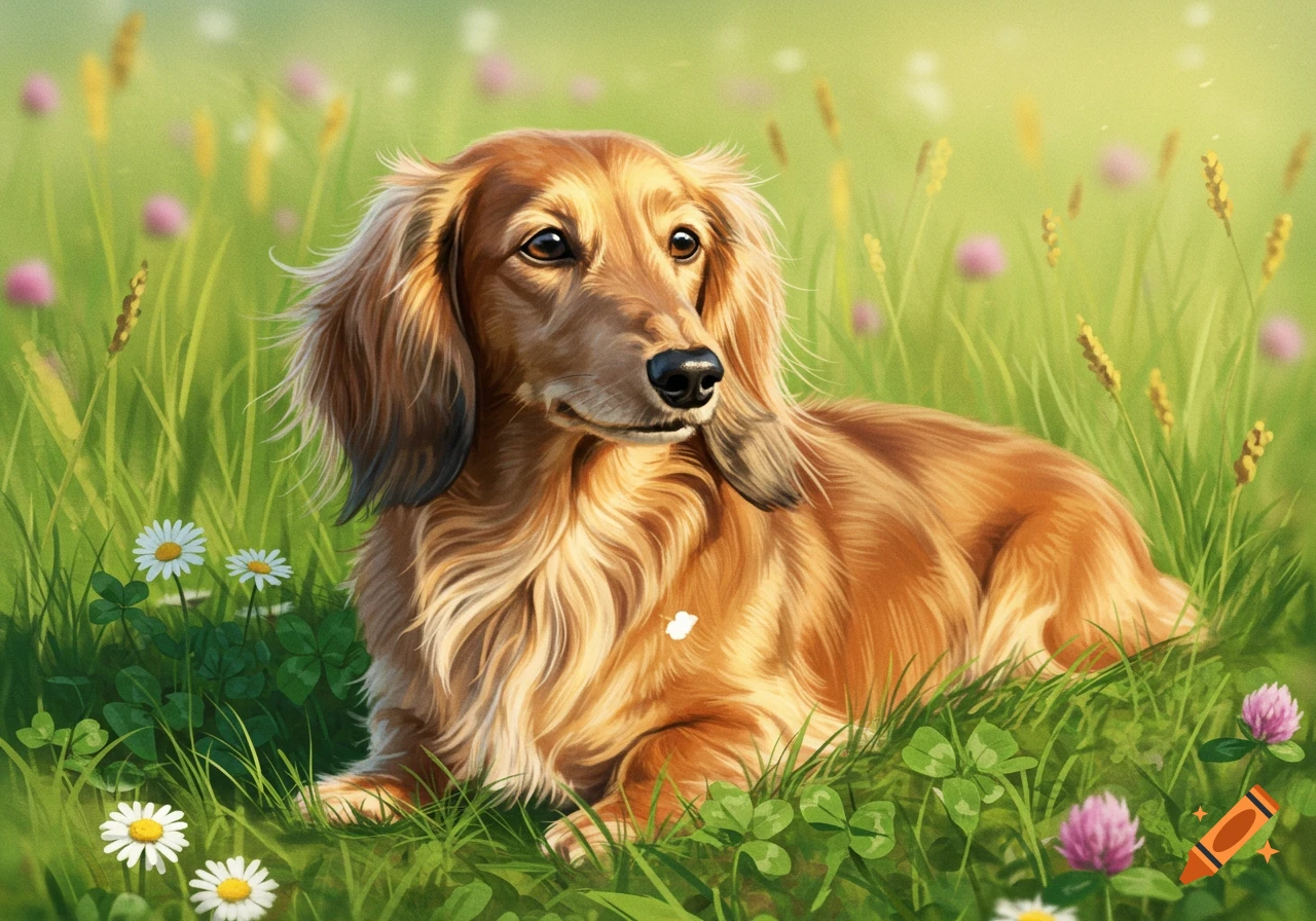 A long-haired light brown dachshund with a white spot on its chest lies in a sunlit green field with daisies and clover.