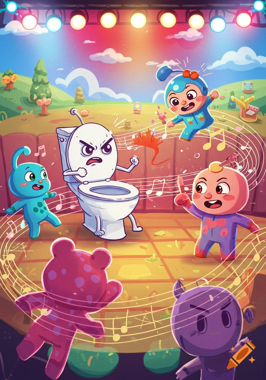 Cartoon skibidi toilet and Cocomelon-like characters fighting on a stage with musical notes and colorful lights in a playful, vibrant style.