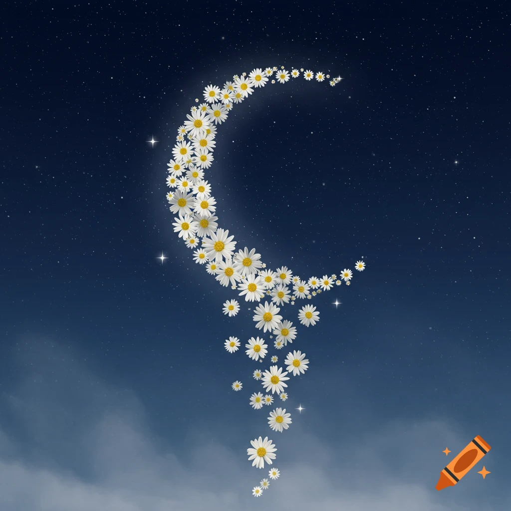 A crescent moon shape formed by white daisies trails downwards into a dark starry night sky with clouds.