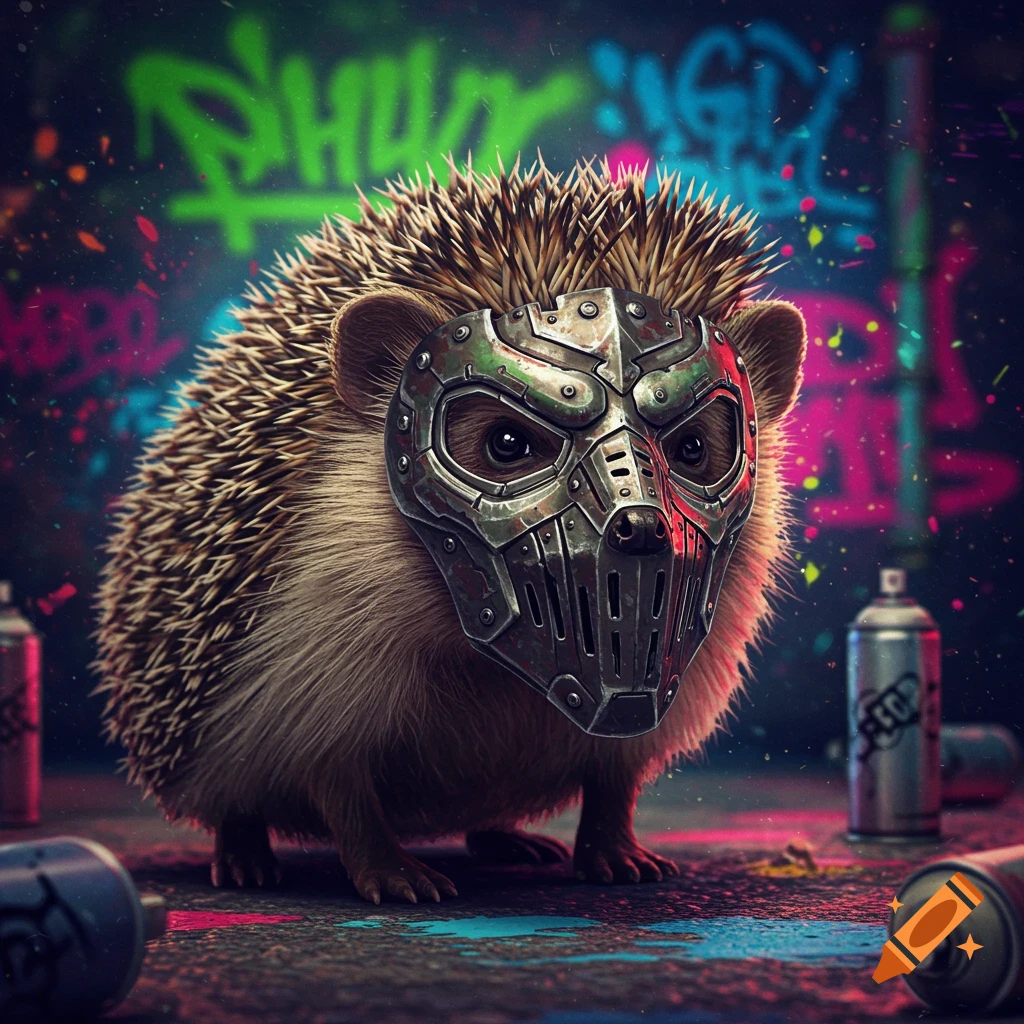A hedgehog wearing a detailed metal face mask stands in front of a vibrant graffiti wall, with spray paint cans scattered on the ground.