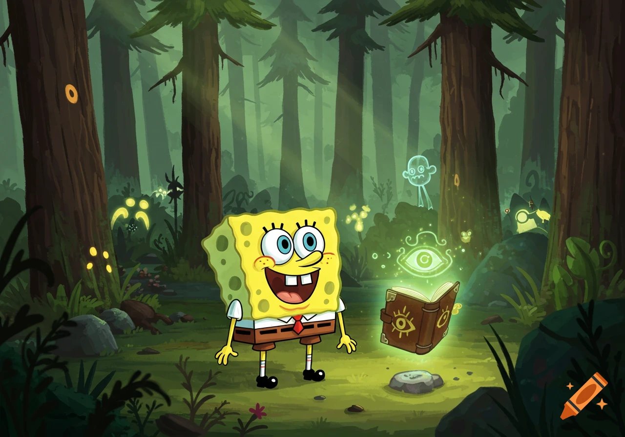 Spongebob Squarepants stands in a mystical forest, smiling beside a glowing open spellbook with an eye symbol, surrounded by glowing creatures and tall pine trees.
