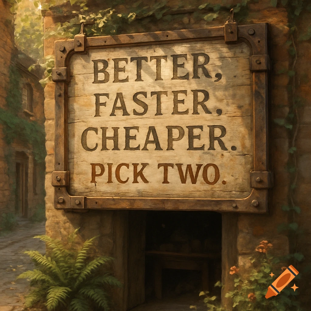 An old wooden sign saying 'BETTER, FASTER, CHEAPER. PICK TWO.' on a rustic stone wall with greenery.