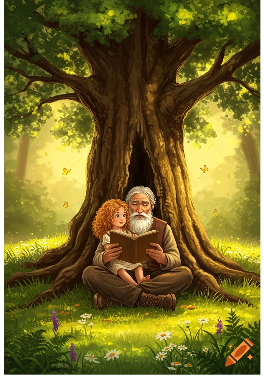 An old man with a beard and a little girl with curly red hair sit under a large tree, reading a book in a sunlit forest.