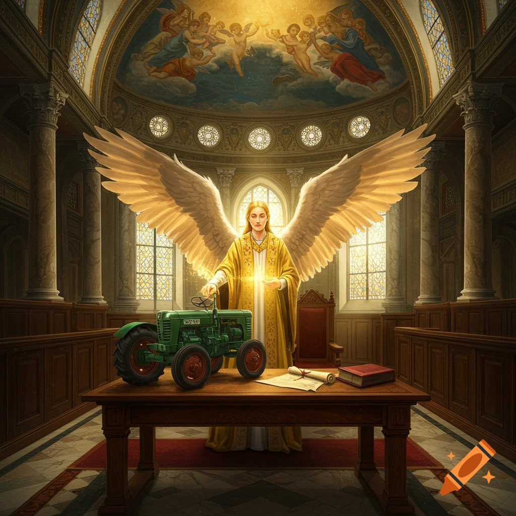 An angel with golden wings blesses a green tractor and a contract on a wooden table inside a grand baroque church.