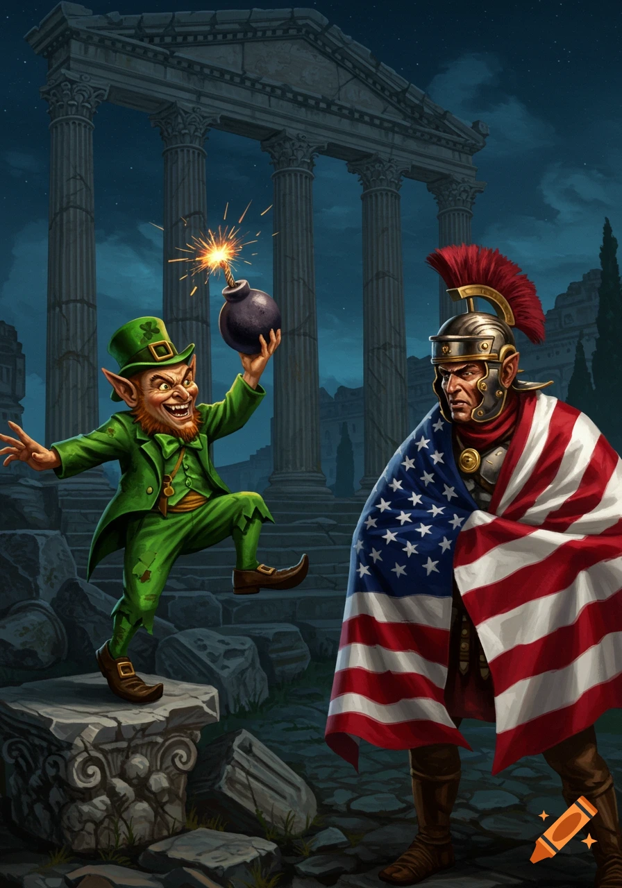 A grinning leprechaun holds a lit bomb while standing on ruins next to a Roman soldier draped in an American flag.