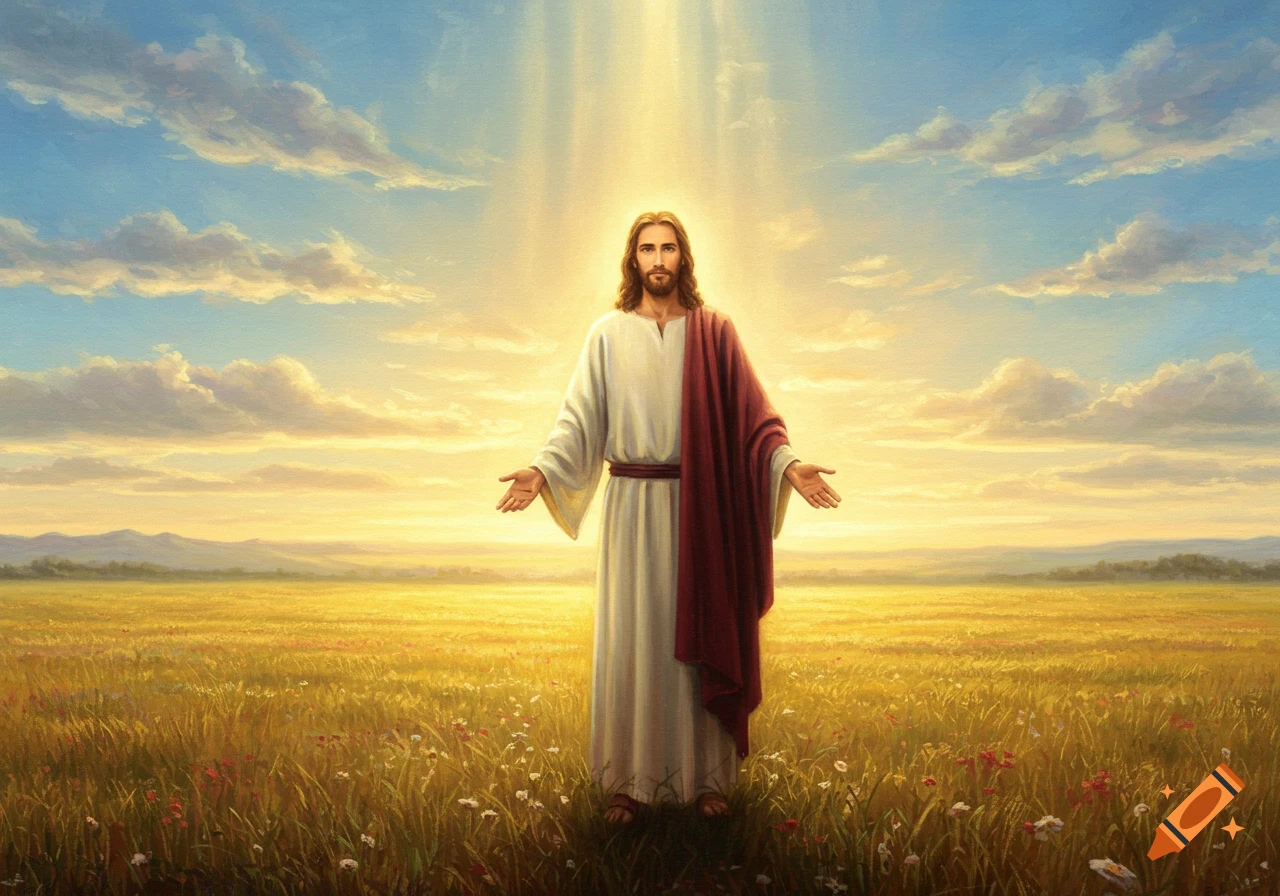 A painting of Jesus Christ standing in a golden field with arms outstretched under a bright, cloudy sky with sunbeams.