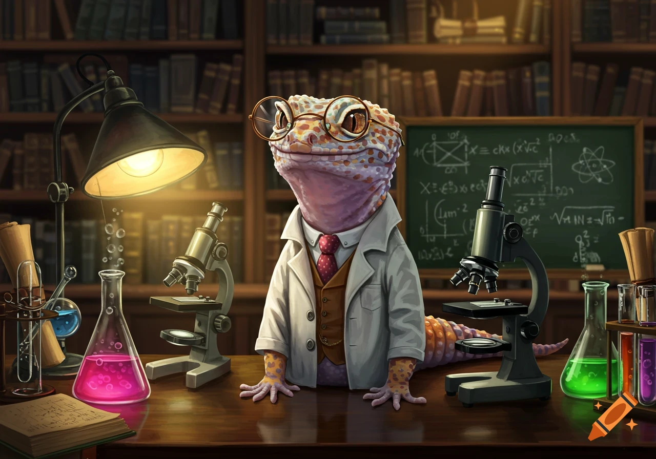 An illustrated gecko scientist wearing a lab coat and glasses sits at a desk with laboratory equipment in a library.