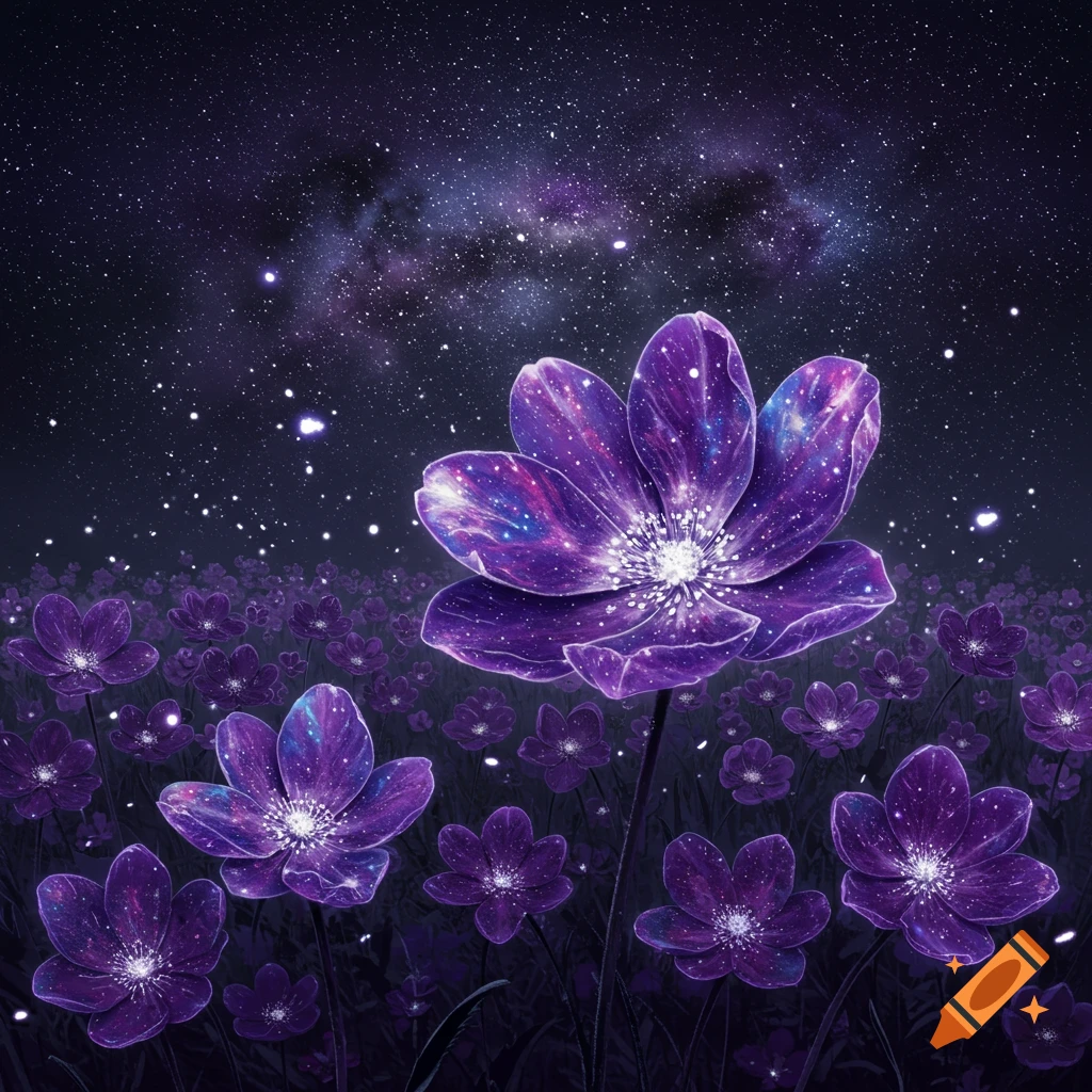 Vibrant purple flowers with galaxy patterns on their petals stand in a field under a dark, starry night sky.