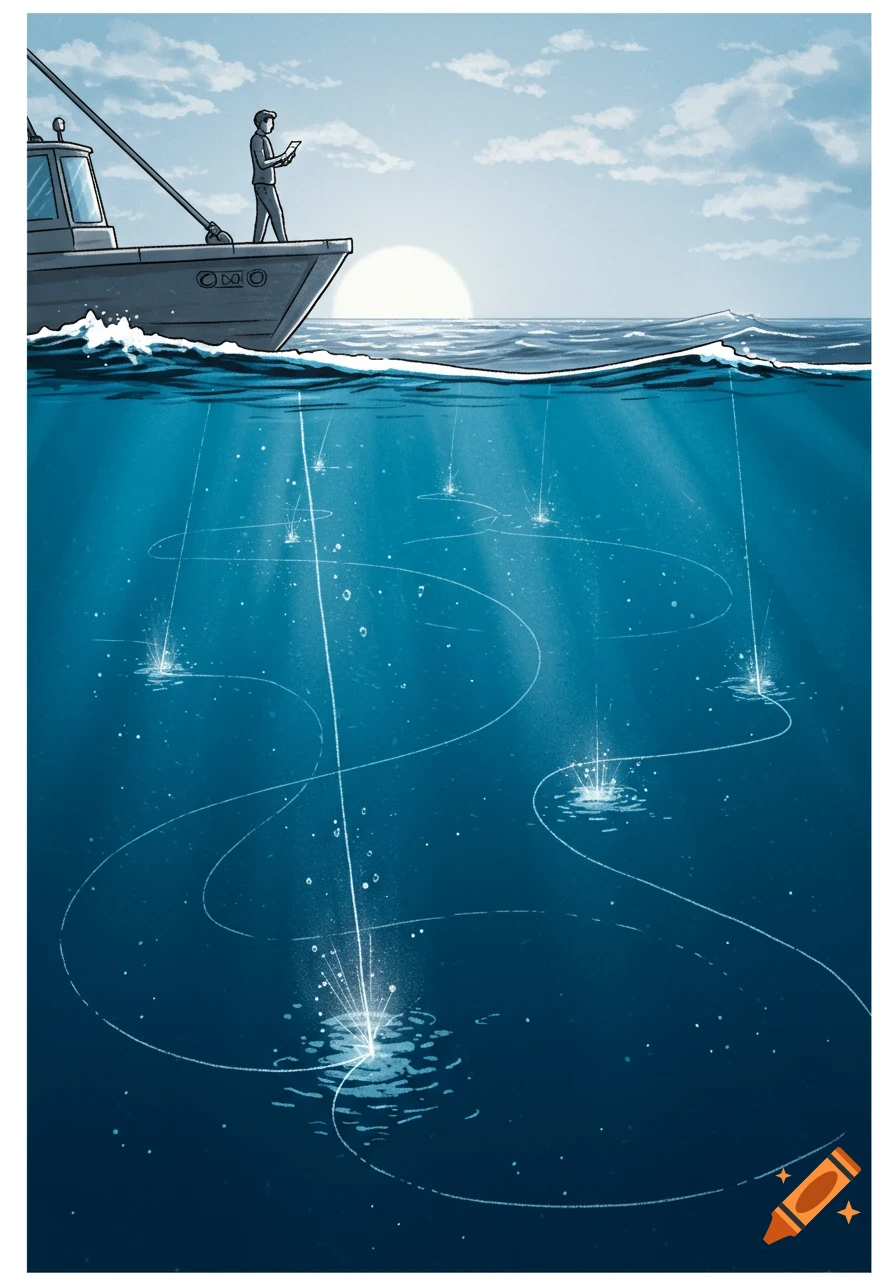Stylized illustration of a person on a boat scanning the ocean depths with light rays, symbolizing data search.