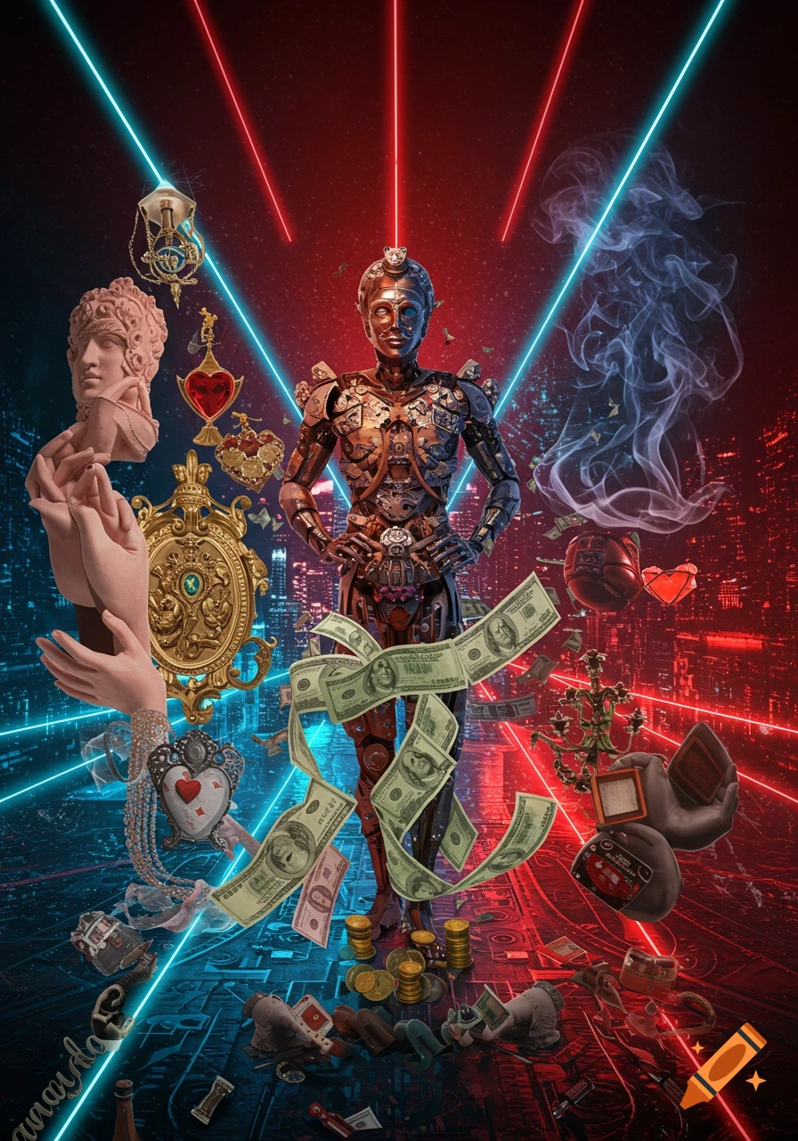 A stylized collage featuring a central robotic figure, surrounded by various objects symbolizing money, power, and love, against a split red and blue cyberpunk city background.