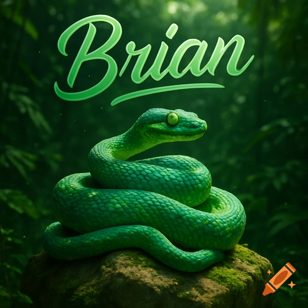 A vibrant green snake coiled on a mossy rock in a lush jungle, with the name "Brian" written in a glowing green script above it.