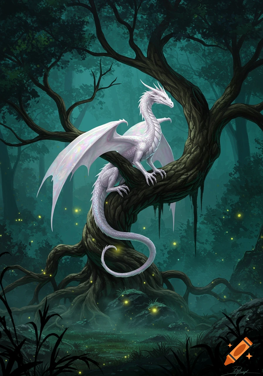 A majestic white dragon perches on a gnarled tree in a mystical dark forest, illuminated by glowing fireflies, digital illustration.