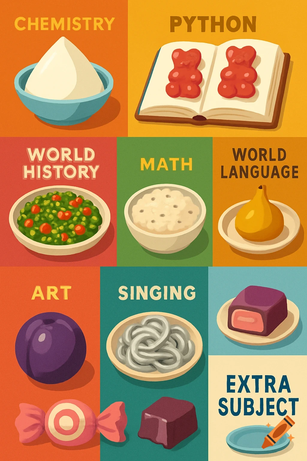 A colorful grid illustration representing school subjects with symbolic foods. Panels include 'CHEMISTRY' with a white mound, 'PYTHON' with gummy bears on a book, 'WORLD HISTORY' with tabbouleh, 'MATH' with yogurt rice, 'WORLD LANGUAGE' with a golden fig, 'ART' with a plum, 'SINGING' with silver noodles, and 'EXTRA SUBJECT' with an empty blue plate. There is also a pink candy.