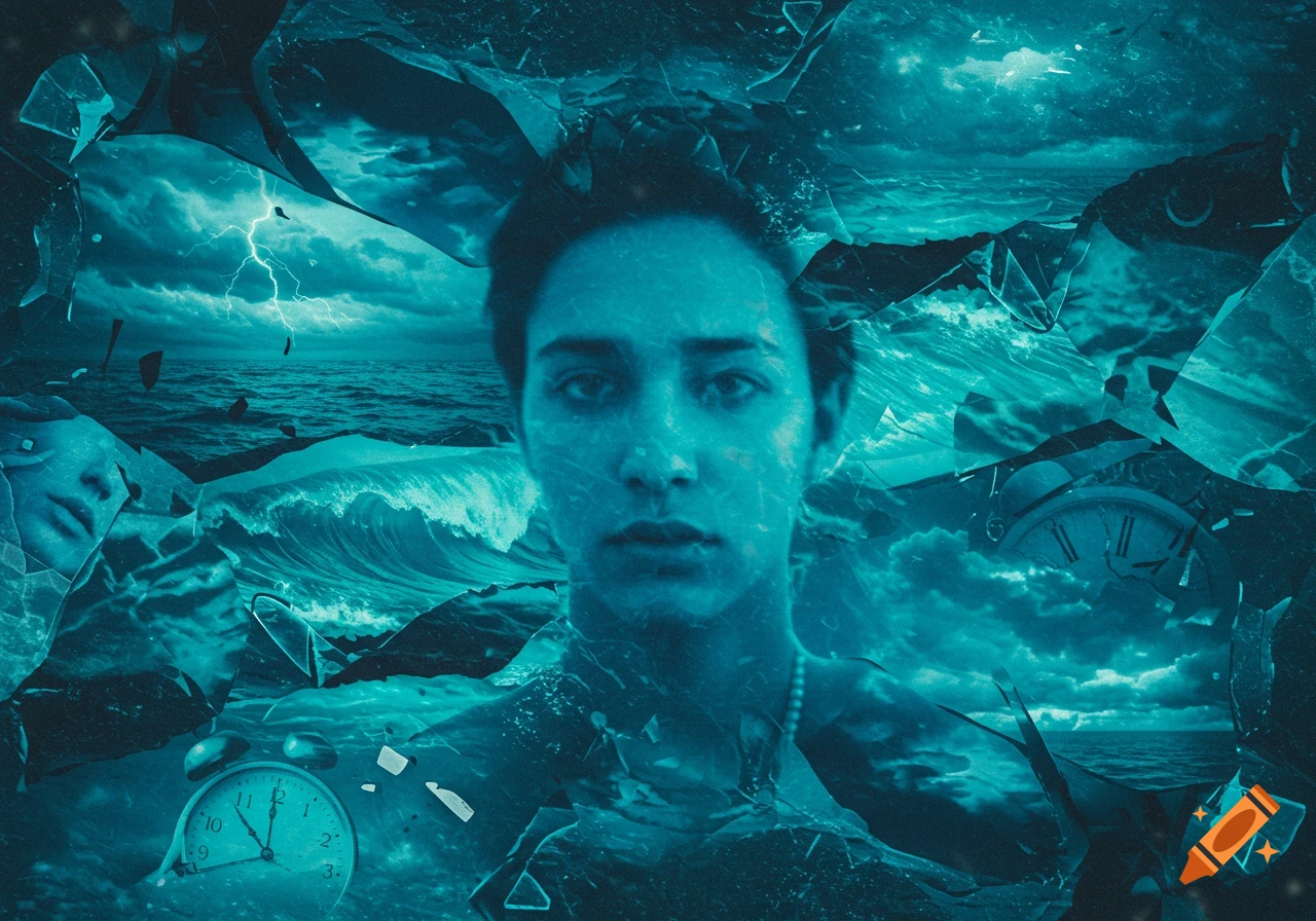 A surreal blue collage featuring a person's face, stormy ocean waves, lightning, and broken glass.