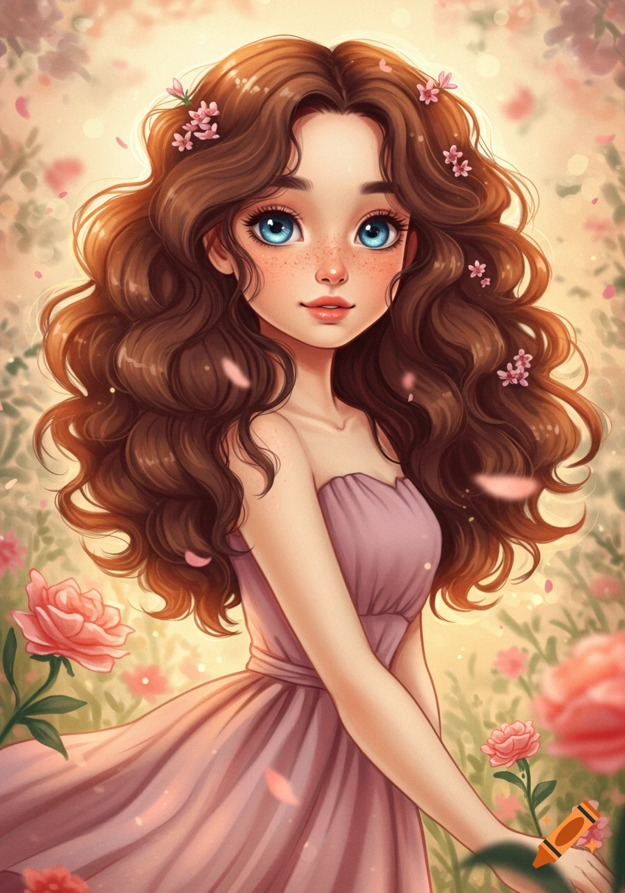 An anime-style illustration of a girl with long brown wavy hair, blue eyes, and freckles, wearing a lavender dress, surrounded by pink flowers.