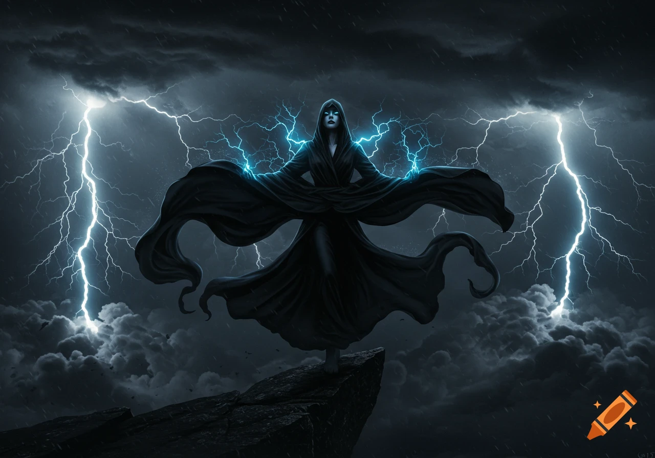 A powerful dark figure stands on a cliff summoning lightning during a stormy night, digital art.