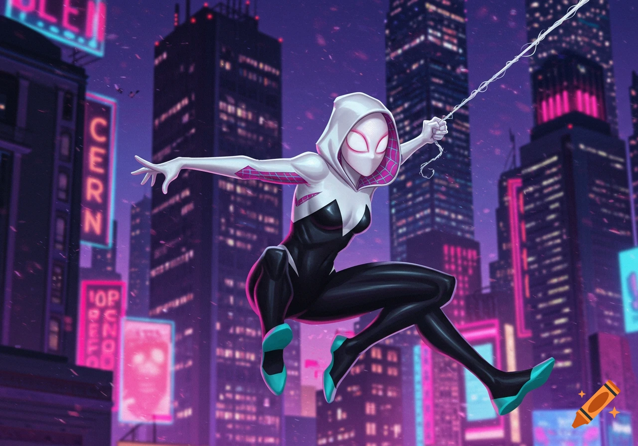 Spider-Gwen swings through a vibrant, neon-lit cityscape at night in a comic art style.