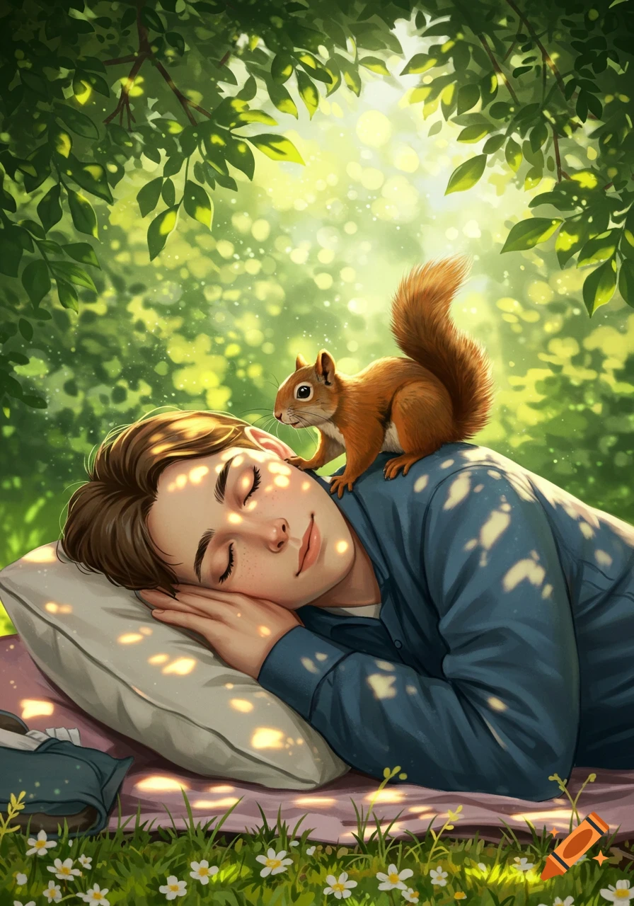A stylized illustration of a person sleeping peacefully under sun-dappled trees with a squirrel perched on their shoulder.