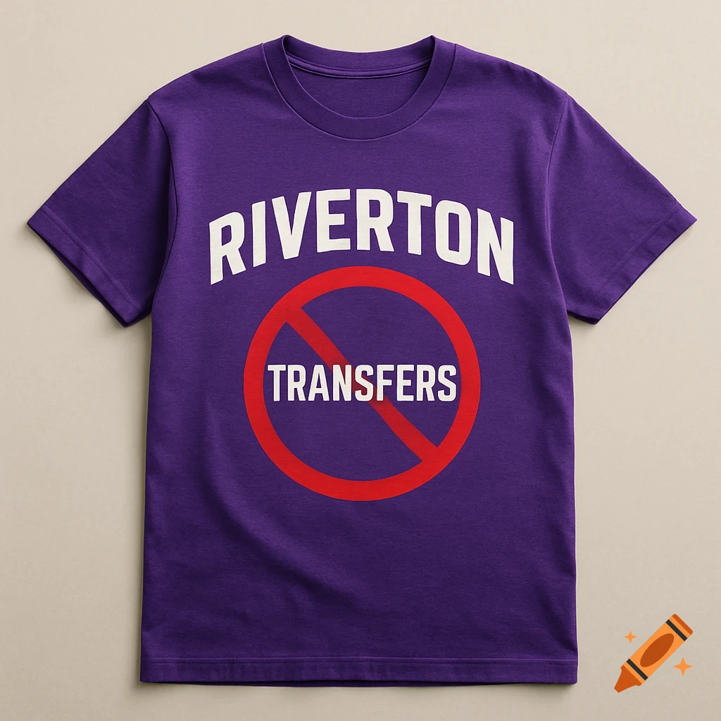 A purple t-shirt with "RIVERTON" in white text and "TRANSFERS" in white text covered by a red no symbol.