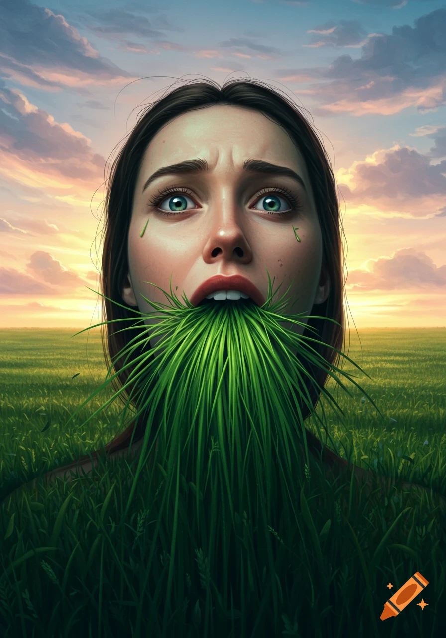 A woman with a distressed expression in a grassy field, with green grass filling her mouth, at sunset.