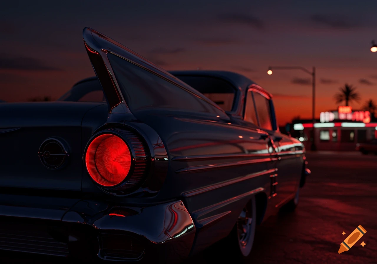 Close-up rear view of a vintage dark blue car with a bright red taillight at dusk, with a neon-lit building in the blurred background.