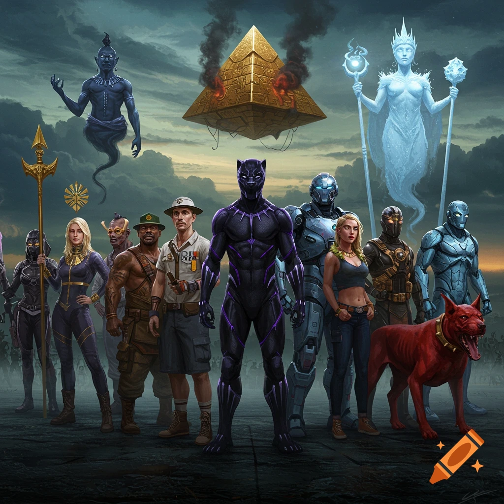 A lineup of diverse fantasy and sci-fi characters, including a Black Panther-like warrior, a genie, an ice creature, and various human and robotic figures, standing under a dramatic sky with a floating, smoking golden pyramid.