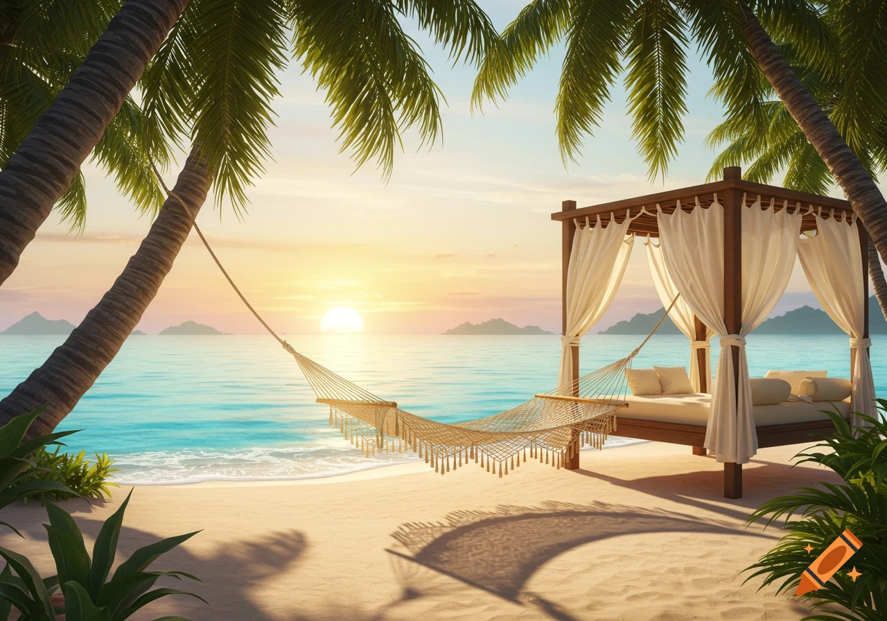 A picturesque tropical beach at sunset with a hammock tied to palm trees and a luxury canopy bed on the sand by the ocean.