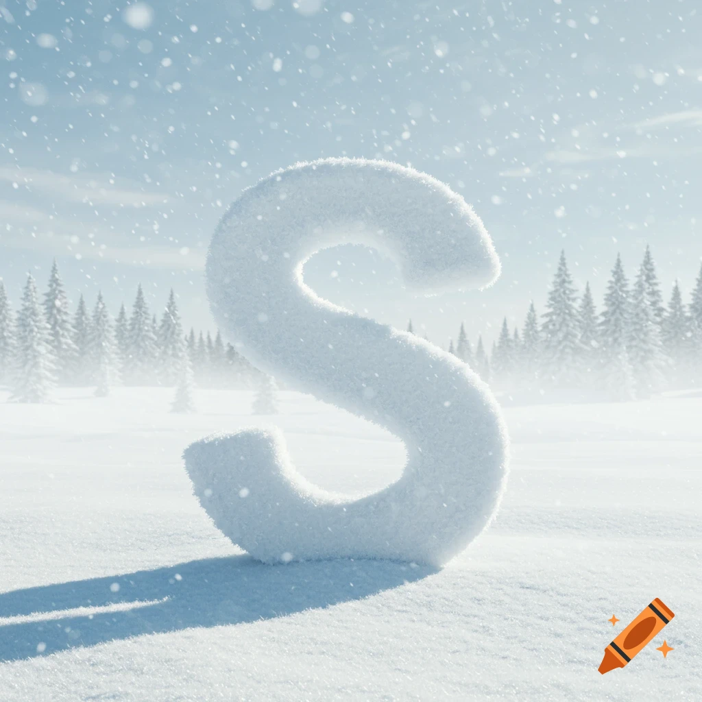 A large letter S made of snow stands in a snowy winter landscape with pine trees and falling snow.