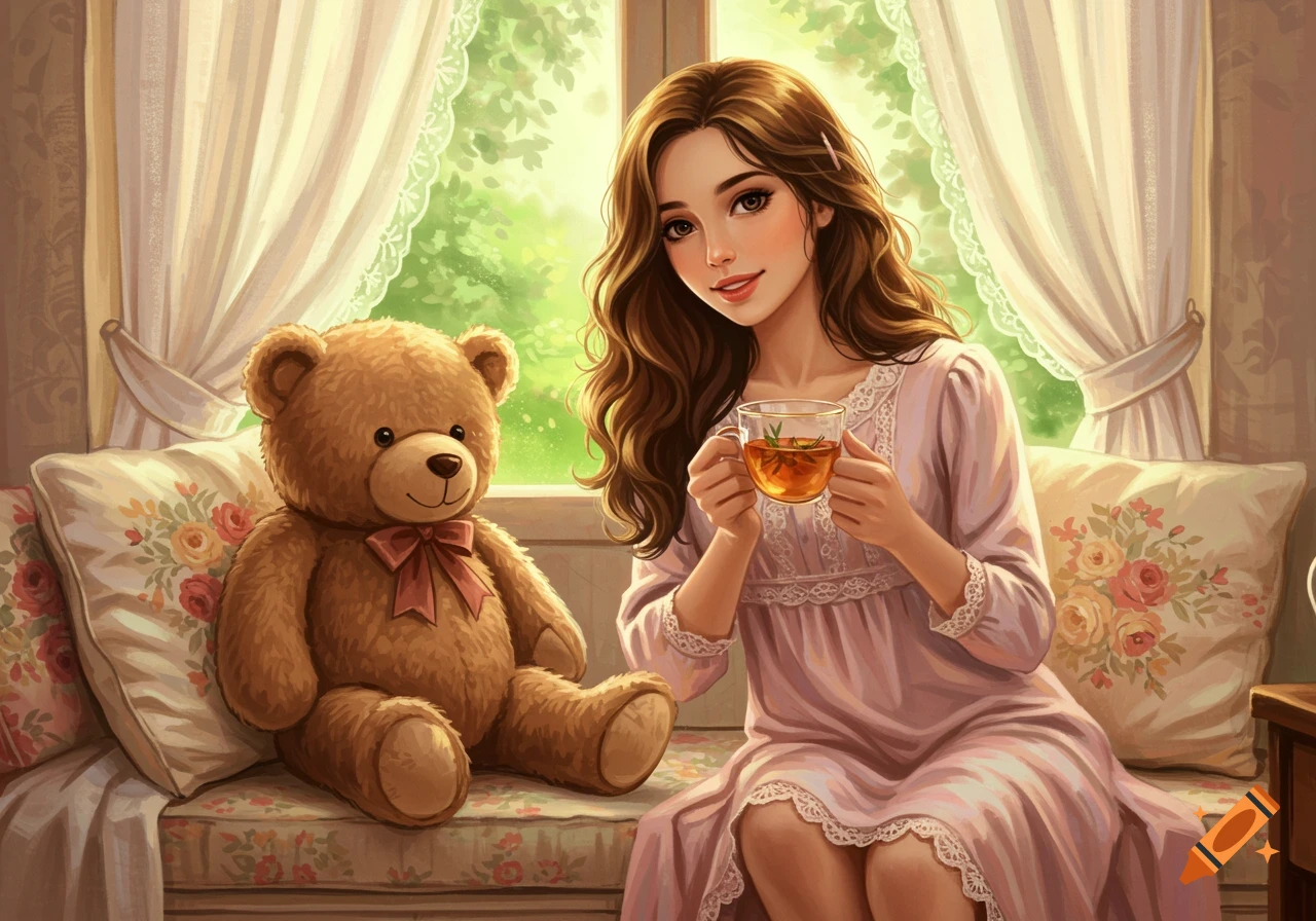 A charming digital illustration of a young woman in pajamas holding a cup of tea next to a teddy bear on a couch by a window.
