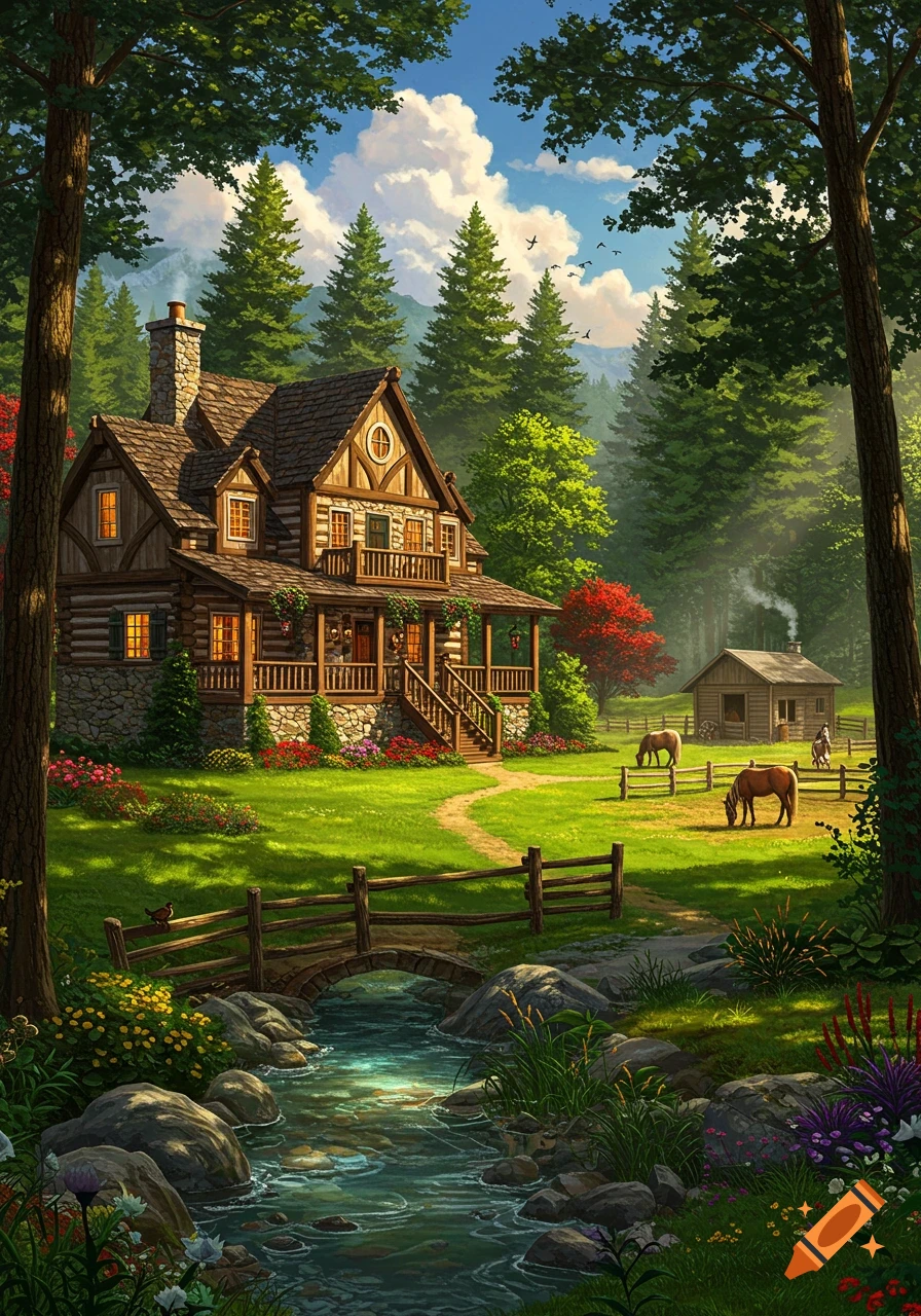 A vibrant painting of a rustic log cabin nestled in a lush green forest with a stream, wooden bridge, and horses grazing near a barn.
