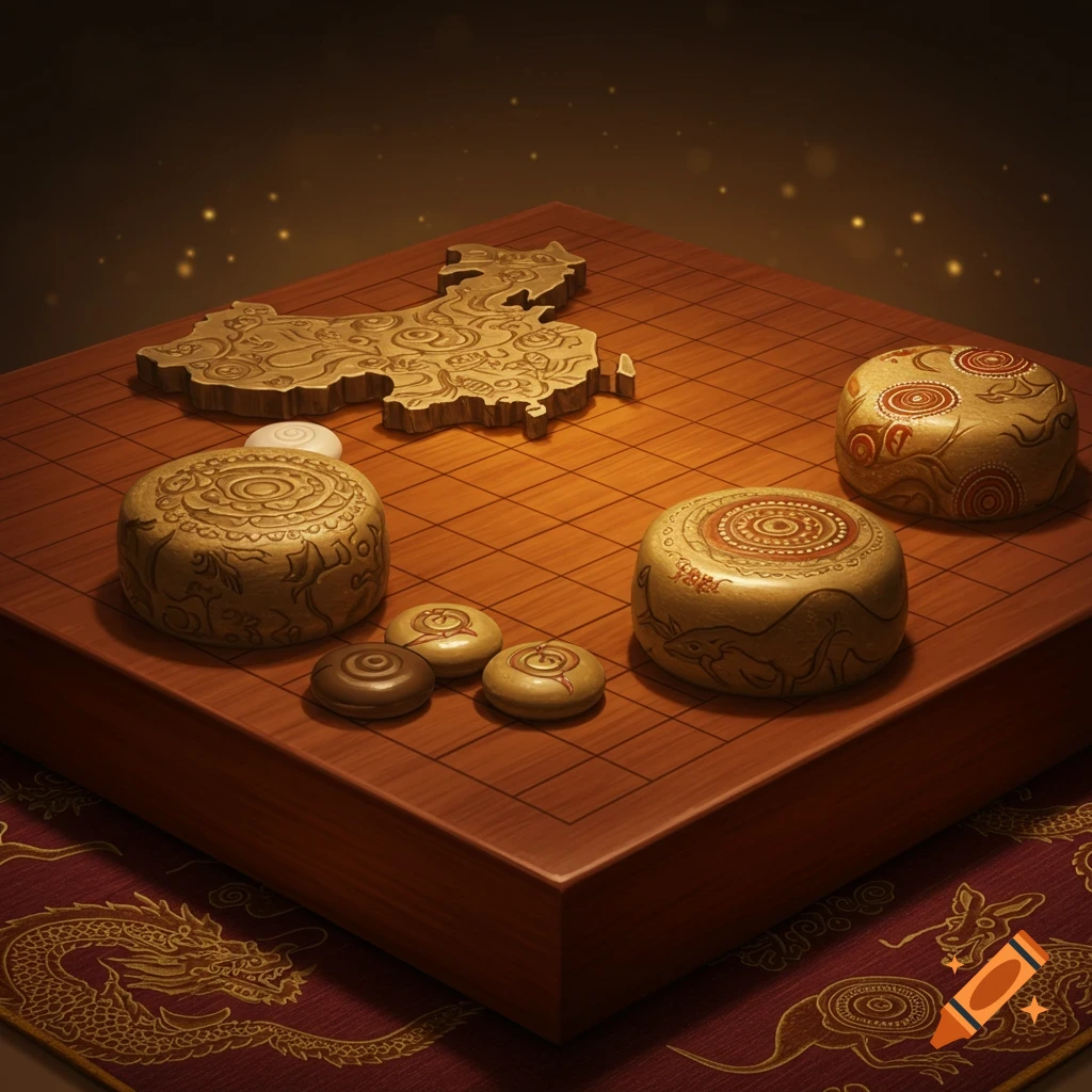 A wooden go board with a gold-colored map of China and ornate game pieces resting on a red embroidered cloth.