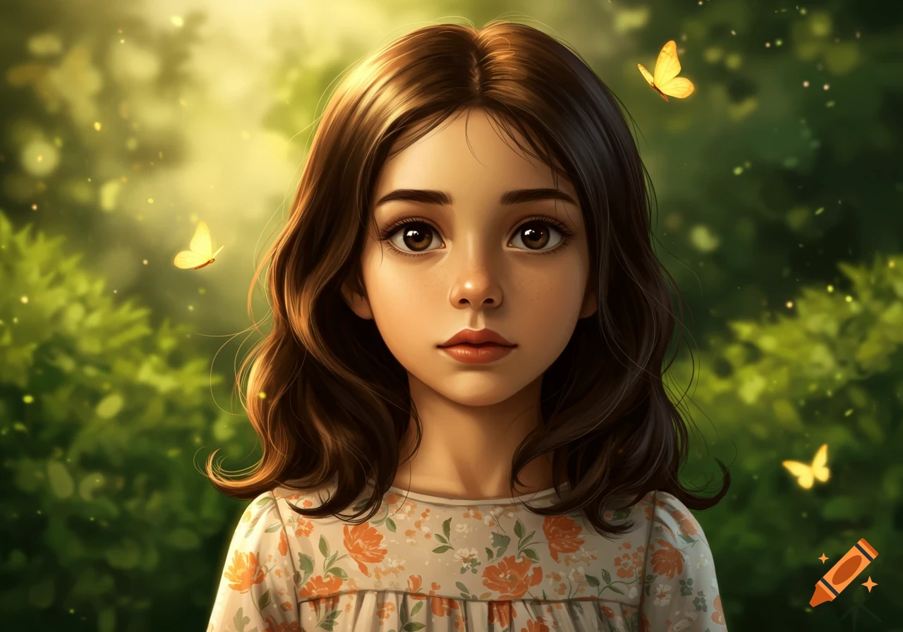 Digital painting of a young girl with brown hair and eyes, standing in a sunlit forest with glowing butterflies.
