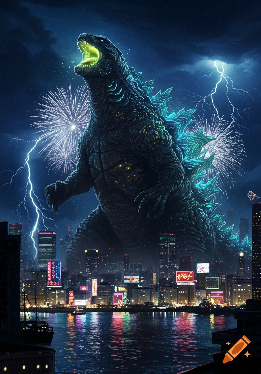 Giant Godzilla stands roaring in a city at night with neon lights reflecting on the water, as lightning strikes and fireworks explode.
