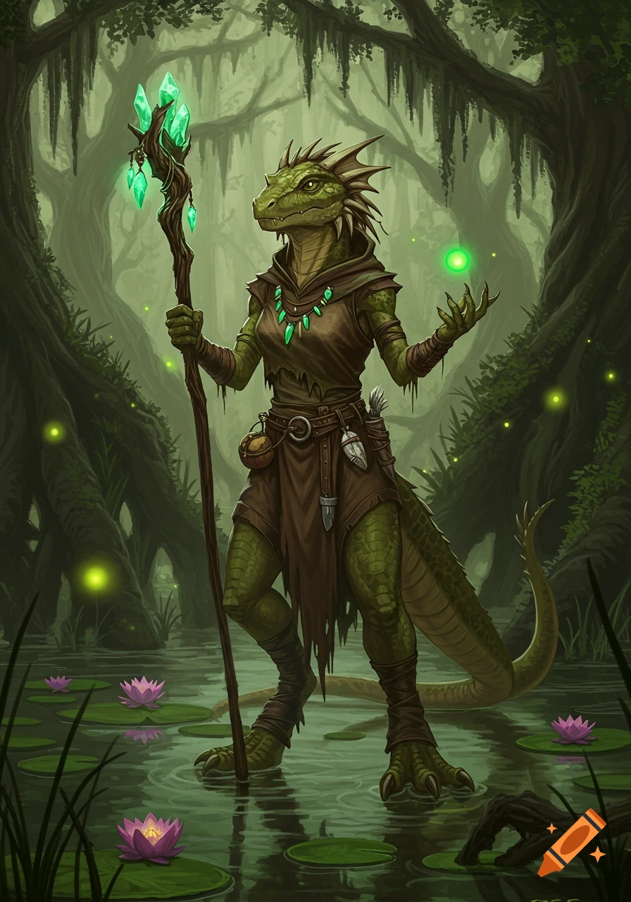 A green lizardfolk druid stands in a misty swamp, holding a glowing staff and orb, surrounded by trees and lily pads.