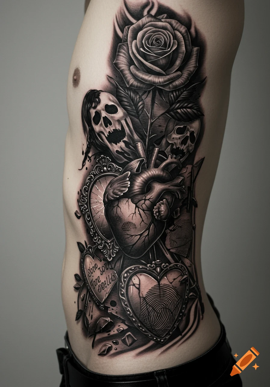 A detailed black and gray gothic tattoo on a person's side torso featuring a rose, skulls, an anatomical heart, and heart-shaped frames.