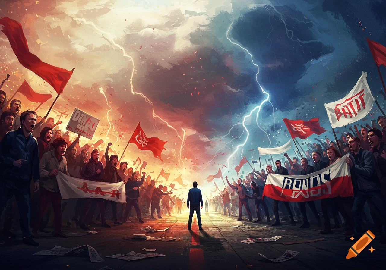 An illustrative depiction of two large crowds, one with red flags and the other with white, confronting each other under a stormy sky with lightning.