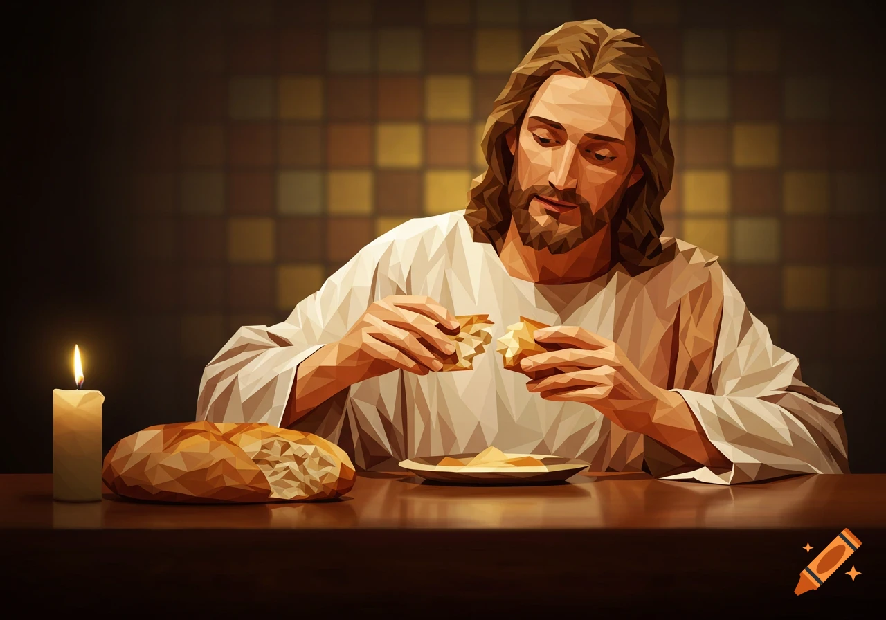 Polygonal art of Jesus breaking bread at a table with a candle.
