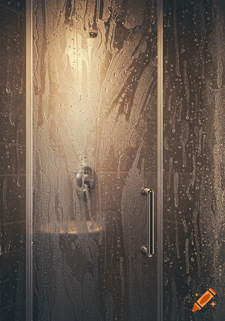 Photorealistic close-up of a clear glass shower door covered in water droplets and soap scum streaks, with reflections.