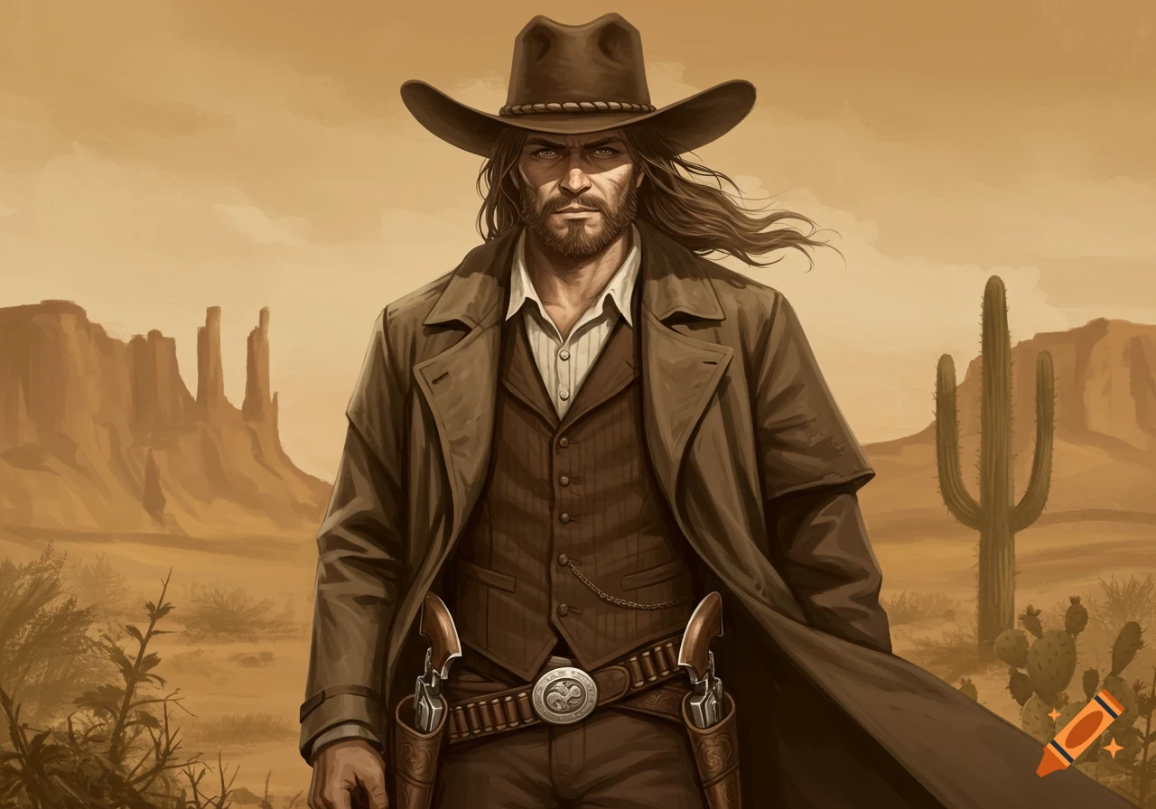 A stylized illustration of a rugged cowboy with long hair and a duster coat, standing in a desert landscape with mountains and cacti.