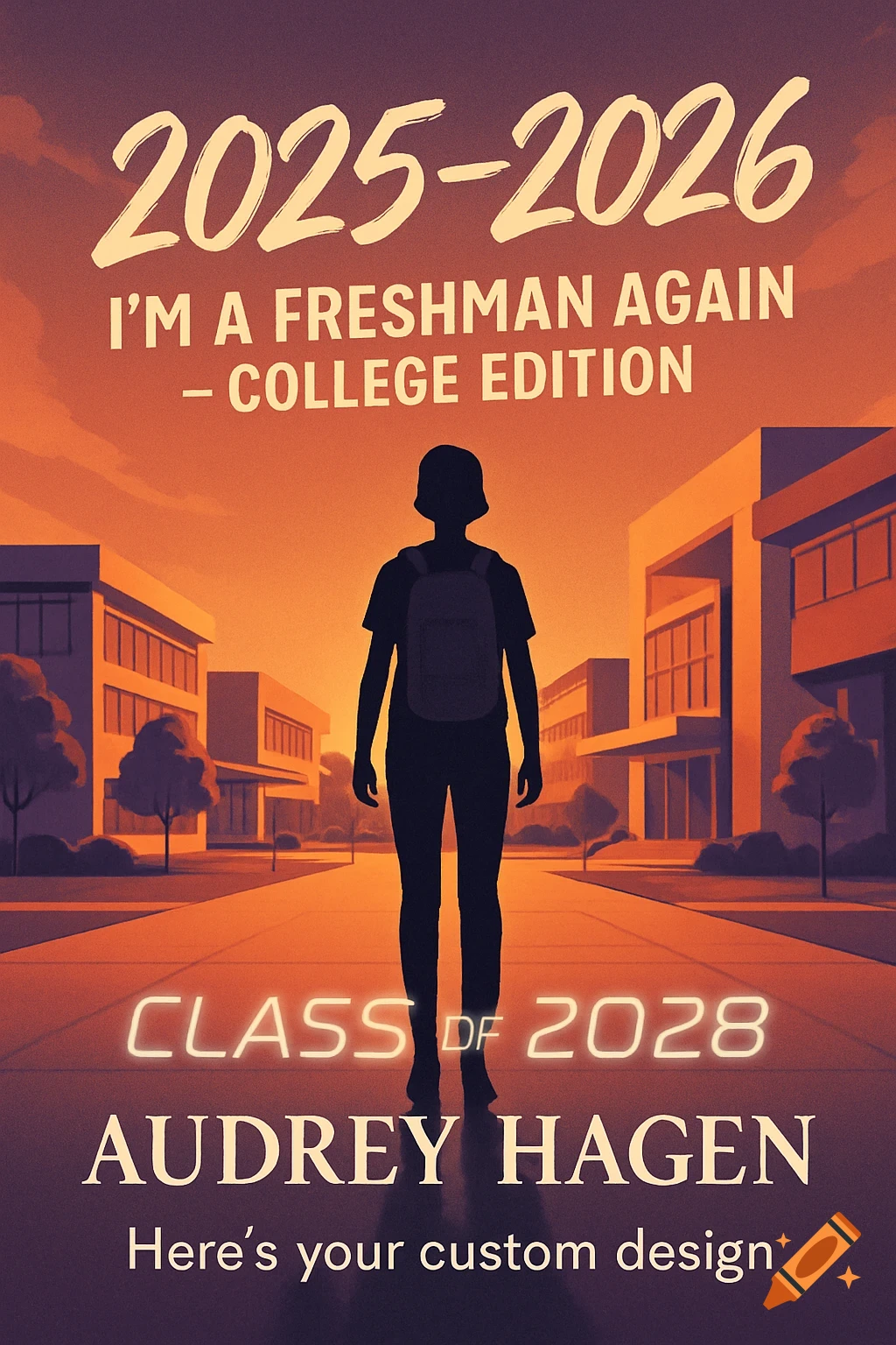 A silhouette of a student with a backpack stands on a college campus pathway at sunset, with text overlays.