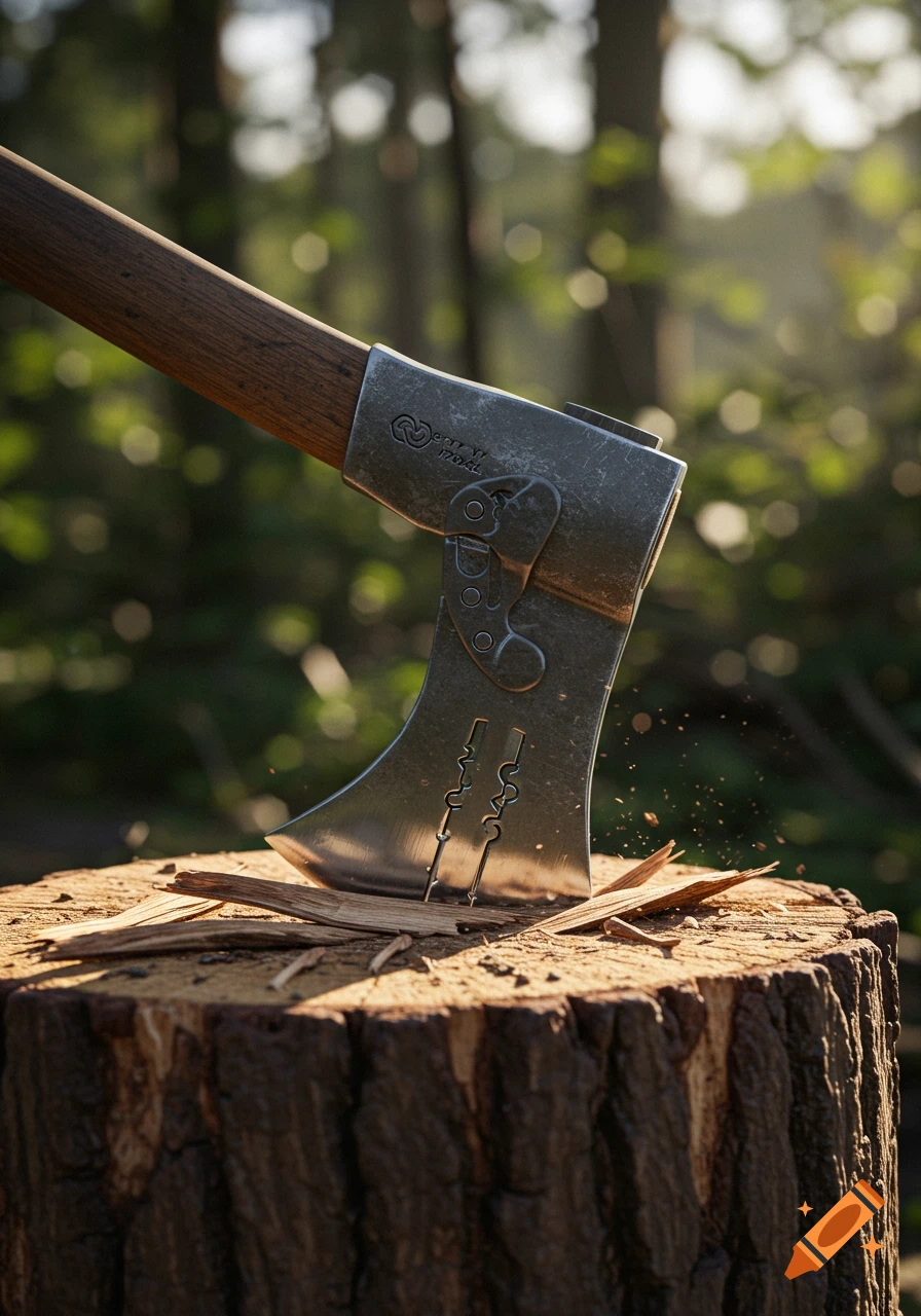 A photorealistic image of a hatchet with a unique hinged machete head stuck into a tree stump in a sunlit forest.