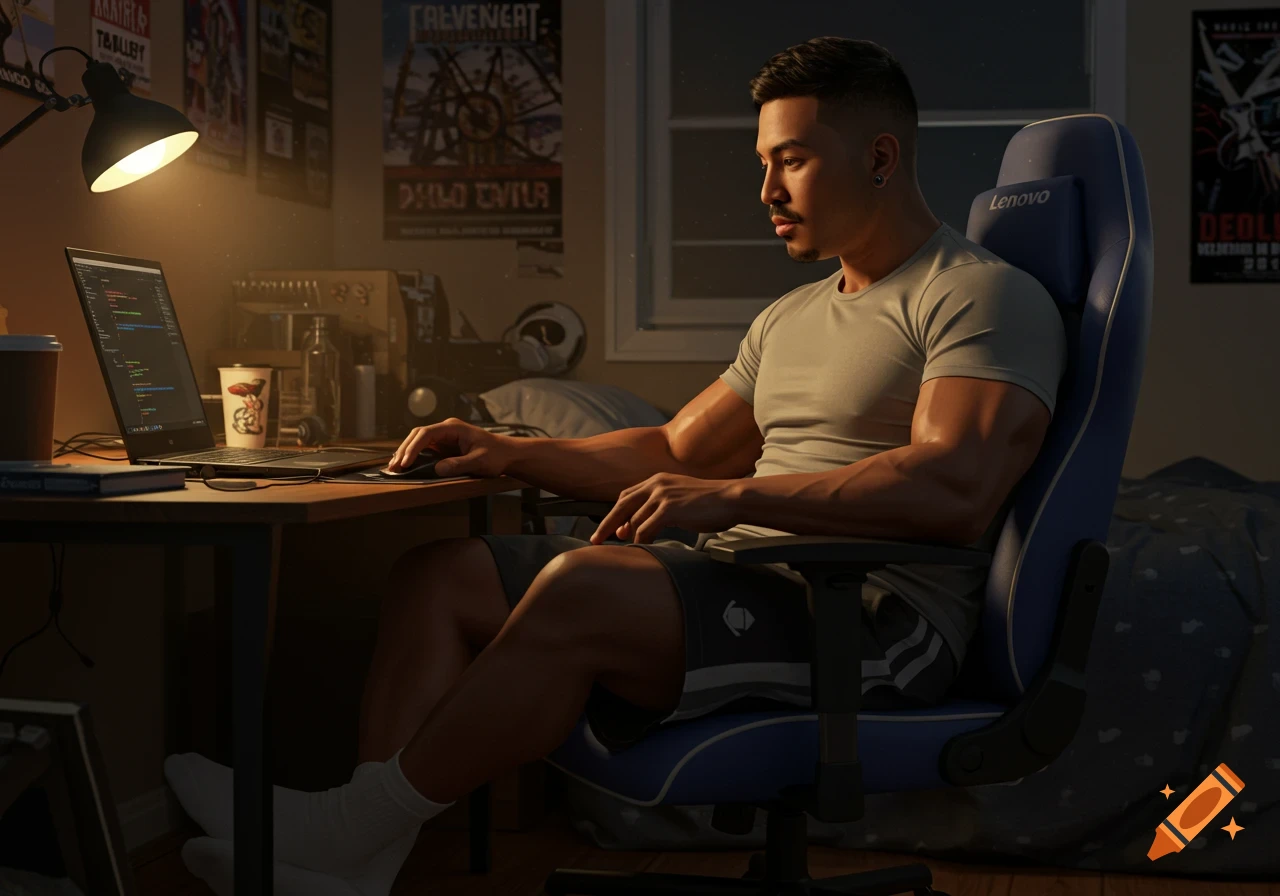 A hyper-realistic digital illustration of a muscular Hispanic Peruvian man programming on a Lenovo laptop in a cozy, warm-lit bedroom.