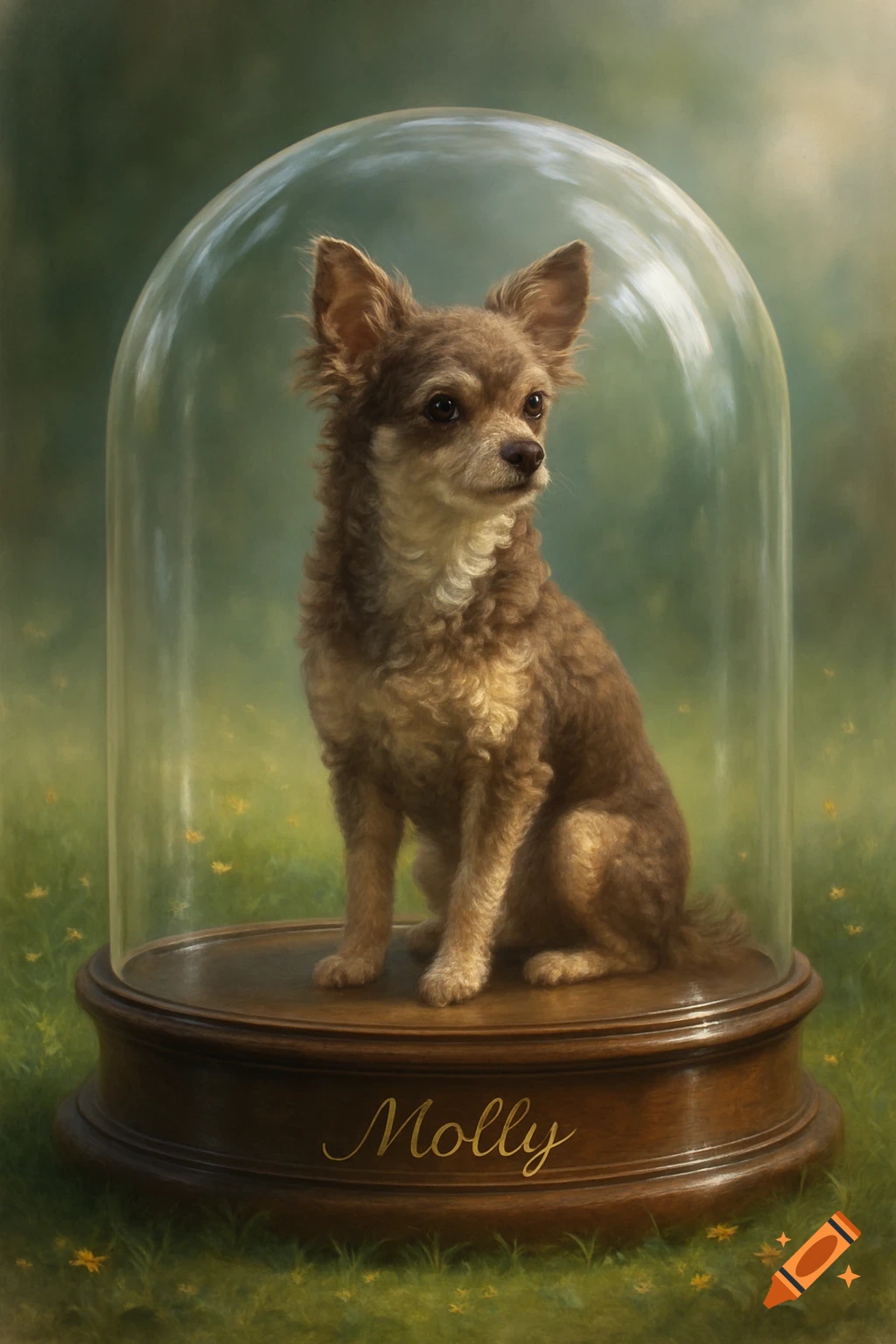 A brown chihuahua-poodle mix dog sits inside a glass dome on a wooden base, with the name 'Molly' on the base, set against a blurred green outdoor background.