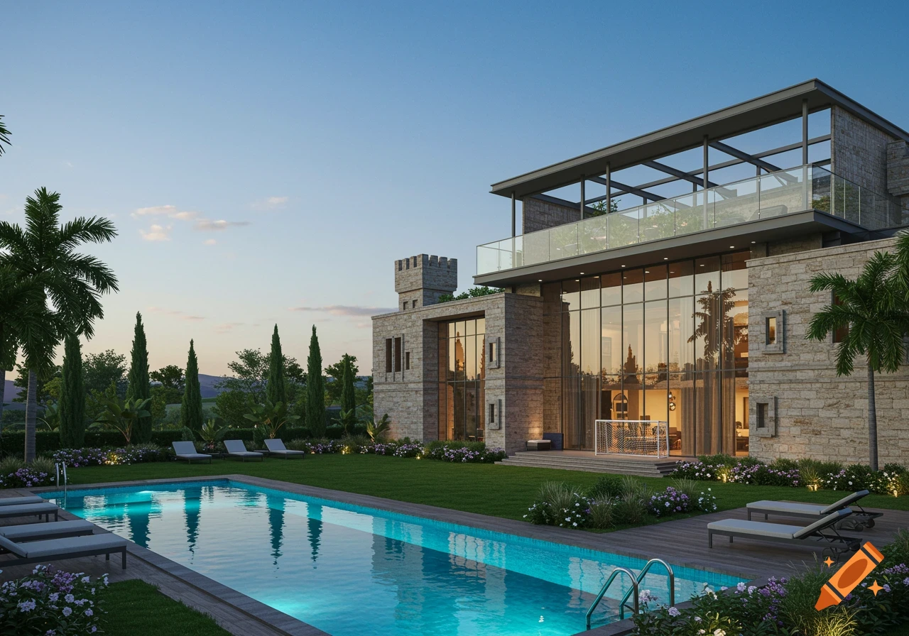 A photorealistic modern stone and glass mansion with a large pool, lush garden, and rooftop football pitch at dusk.