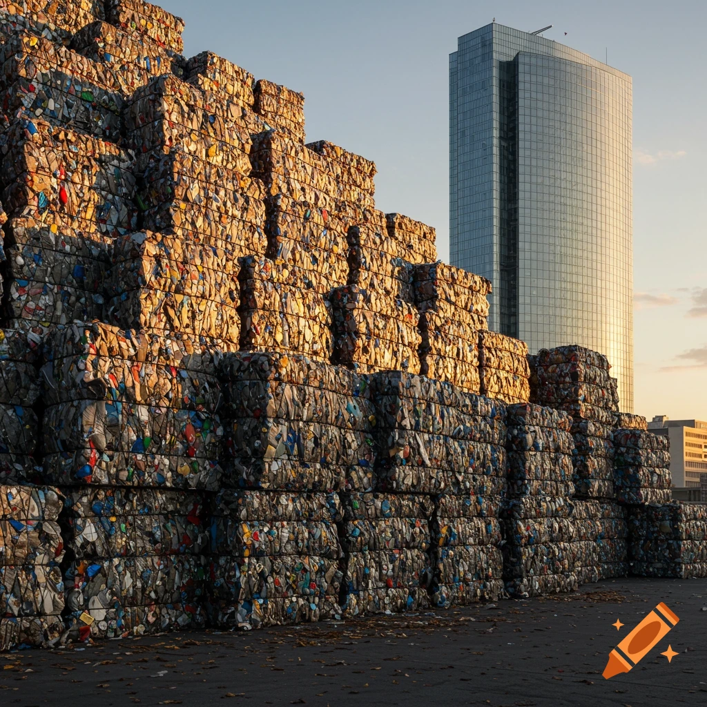 Large bales of recycling material stacked high next to a modern glass skyscraper at sunset.