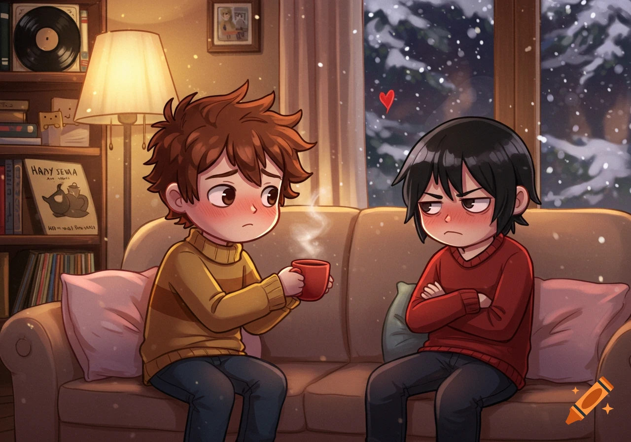 A cute shy guy offers a mug to a grumpy black-haired guy on a couch in a cozy room with snow outside.