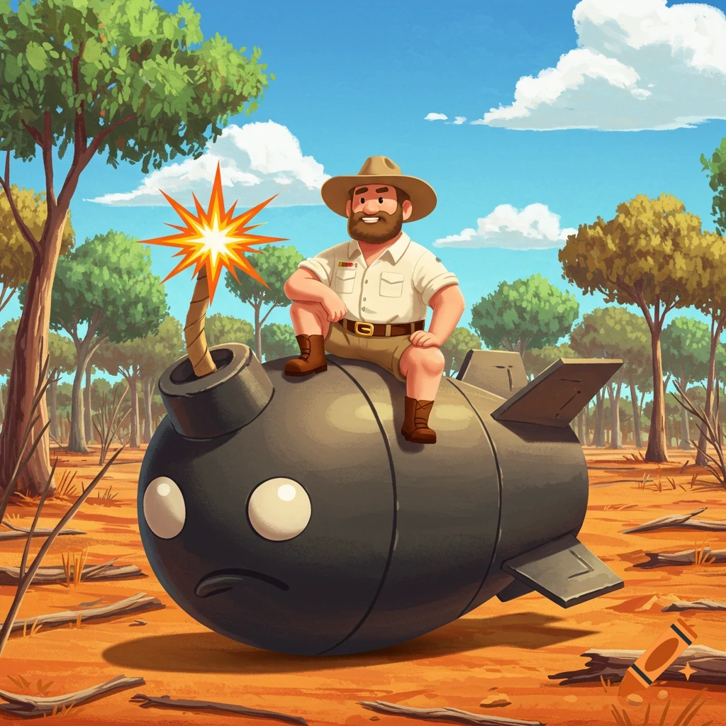 A bearded cartoon man in a safari hat sits on a round bomb with a lit fuse in a sunny bush landscape.